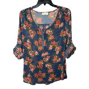 Bobbie Brooks Semi Sheer Blouse Floral Pattern 1/4 Button Up Roll Sleeves Sz L